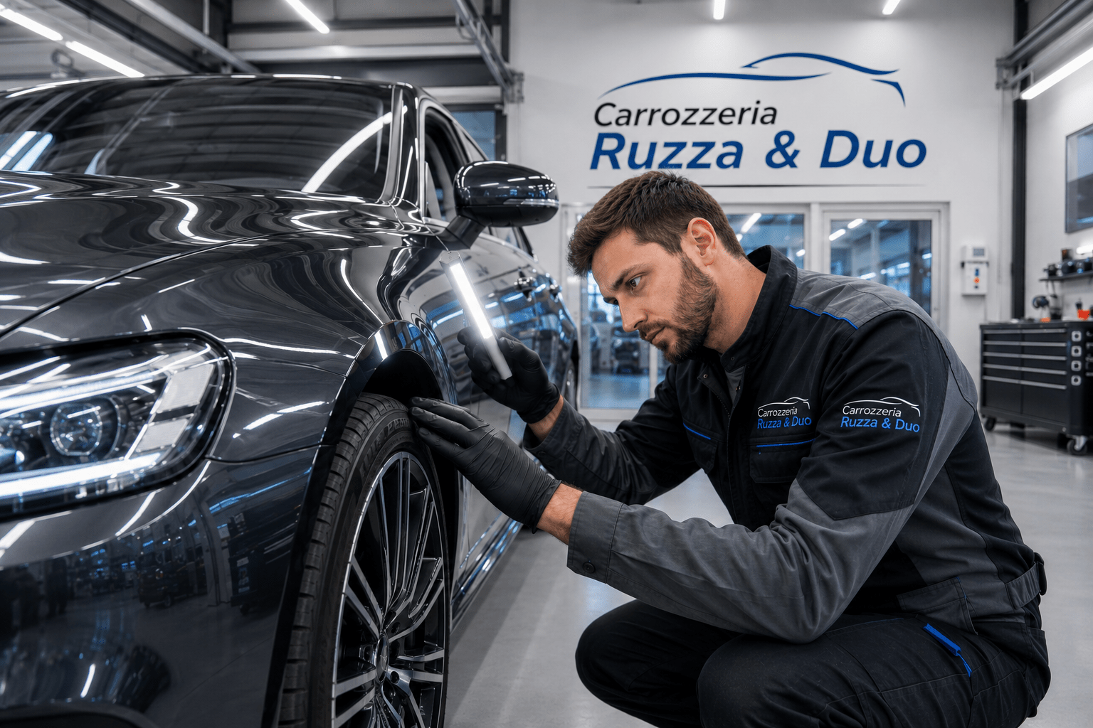 Tecnico specializzato della Carrozzeria Ruzza & Duò esegue rifinitura di verniciatura con lampada IR su auto in riparazione a San Pietro Mosezzo."